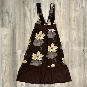 Hurley Brown Floral Sleeveless Sundress Deep V Neck 100% Cotton Dress Size XS